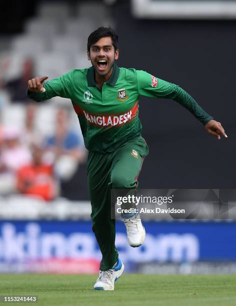 Mehedi Hasan of Bangladesh clebrates taking the wicket of Faf du Plessis during the Group Stage match of the ICC Cricket World Cup 2019 between South...