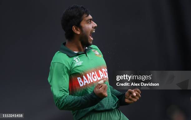 Mehedi Hasan of Bangladesh clebrates taking the wicket of Faf du Plessis during the Group Stage match of the ICC Cricket World Cup 2019 between South...