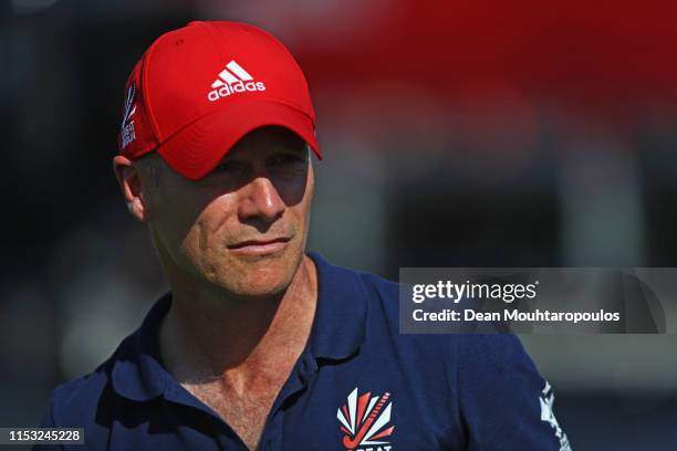 Great Britain Head Coach, Danny Kerry speaks to his players after victory in the Men's FIH Field Hockey Pro League match between Netherlands and...