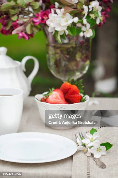 summer table setting - apple blossom stock pictures, royalty-free photos & images