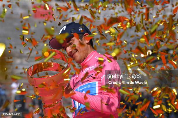 Podium / Richard Carapaz of Ecuador and Movistar Team Pink Leader Jersey / Celebration / Trophy / Trofeo Senza Fine / during the 102nd Giro d'Italia...