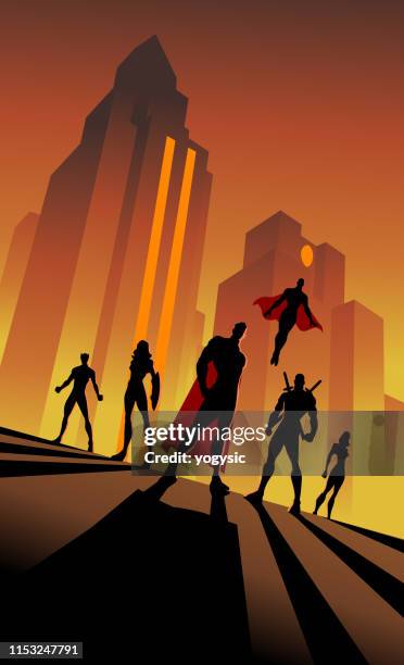 ilustrações, clipart, desenhos animados e ícones de silhueta retro da equipe do super-herói do art deco do vetor na cidade na noite - vista inclinada