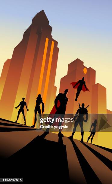 illustrations, cliparts, dessins animés et icônes de vector retro art déco affiche super héros équipe silhouette dans la ville - vue en contre plongée