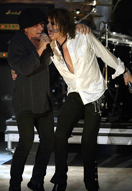 Brian Johnson of AC/DC and Steven Tyler during The 18th Annual Rock and Roll Hall of Fame Induction Ceremony - Show at The Waldorf Astoria in New...