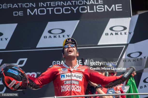 Danilo Petrucci of Italy and Ducati Team celebrates his first victory on the podium at the end of the MotoGP race during the MotoGp of Italy - Race...
