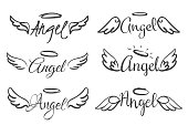 Angels wings emblems. Feather angel wing and halo, sketch feathers bird line tattoo. Hand drawn winged silhouettes vector isolated
