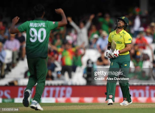 Duminy of South Africa reacts after being bowled by Mustafizur Rahman of Bangladesh during the Group Stage match of the ICC Cricket World Cup 2019...