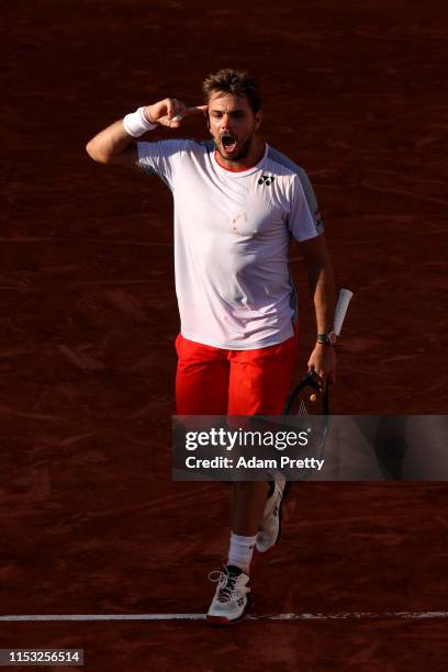 Stan Wawrinka of Switzerland celebrates victory during his mens singles fourth round match against Stefanos Tsitsipas of Greece during Day eight of...