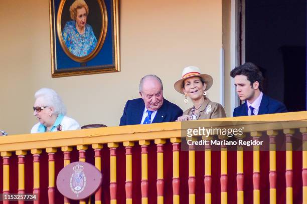 King Juan Carlos is seen attending bullfights at his last institutional public appearance in Aranjuez bullring with Pilar de Borbon and Princess...