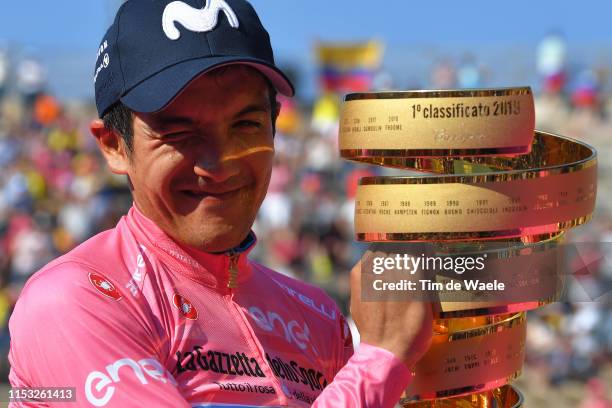 Podium / Richard Carapaz of Ecuador and Movistar Team Pink Leader Jersey / Celebration / Trophy / Trofeo Senza Fine / during the 102nd Giro d'Italia...