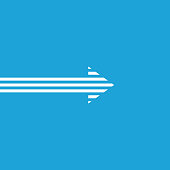 White arrow icon with blue background. Vector flat design