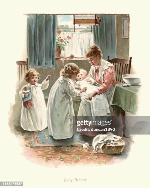 new mother introducing the baby to its brother and sister, 19th century - vintage mother and child stock illustrations