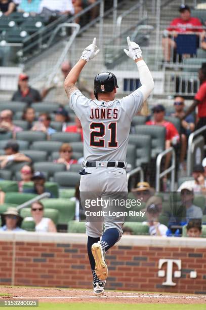 JaCoby Jones of the Detroit Tigers celebrates after hitting a home run in the 8th inning against the Atlanta Braves at SunTrust Park on June 02, 2019...