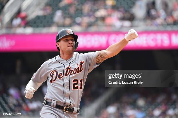 JaCoby Jones of the Detroit Tigers celebrates after hitting a home run in the 8th inning against the Atlanta Braves at SunTrust Park on June 02, 2019...