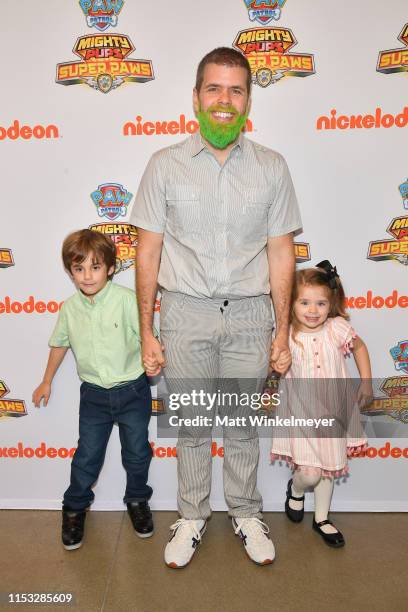 Mario Armando Lavandeira III, Perez Hilton, and Mia Alma Lavandeira attend the "PAW Patrol Mighty Pups Super Paws" advance screening at Nickelodeon...