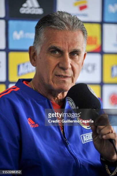Colombian football team coach Carlos Queiroz speaks during a press conference before a training session at Metropolitano de Techo stadium on June 02,...