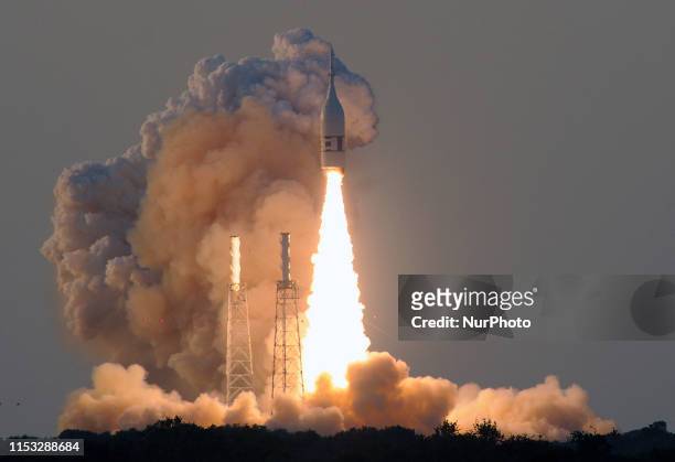 Orion test vehicle lifts off aboard a booster rocket from Space Launch Complex 46 at Cape Canaveral Air Force Station in Cape Canaveral, Florida. The...