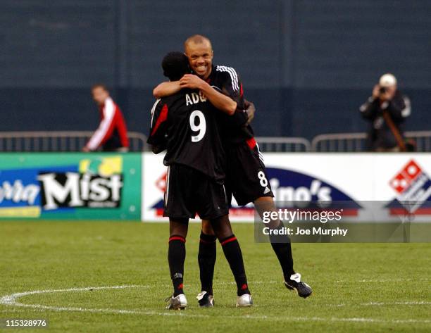 Freddy Adu and Earnie Stewart of D.C. United celebrate their victory over the San Jose Earthquakes in Washington D.C. On April 3, 2004. D.C. United...