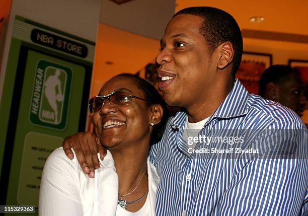 Jay Z and his mom during Got Milk? NBA Rookie Of The Year 2004 Presented to LeBron James at NBA Store in New York City, New York, United States.