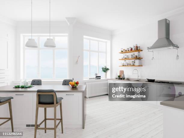 scandinavian design minimalista kitchen interior - empty kitchen fotografías e imágenes de stock