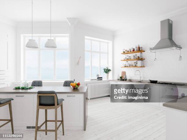 scandinavian design minimalist kitchen interni - luce vivida foto e immagini stock