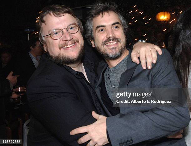 Guillermo del Toro and Alfonso Cuaron during Dinner for Guillermo Del Toro at Pane e Vino in Los Angeles, California, United States.