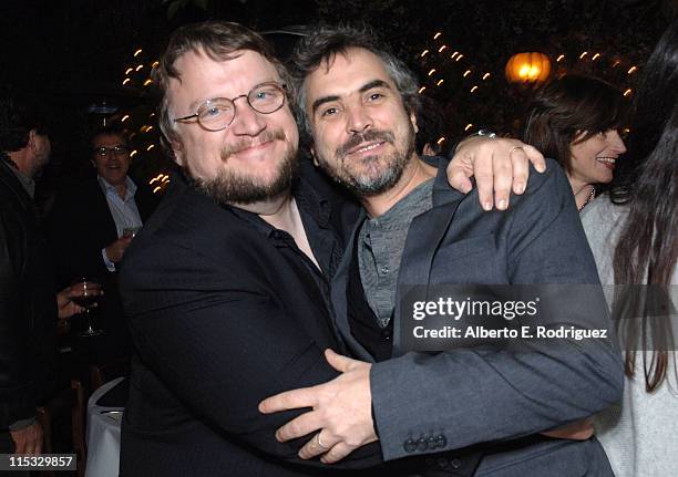 Guillermo del Toro and Alfonso Cuaron during Dinner for Guillermo Del Toro at Pane e Vino in Los Angeles, California, United States.