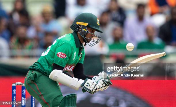 Shakib Al Hasan defends during the Group Stage match of the ICC Cricket World Cup 2019 between Bangladesh and India at Edgbaston on July 02, 2019 in...