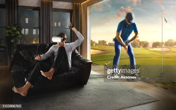 man in vr glasses. virtual reality with golf - golf simulator stock pictures, royalty-free photos & images