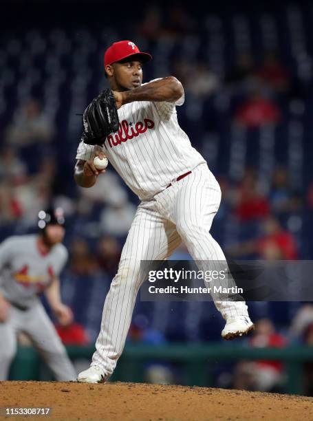 Juan Nicasio of the Philadelphia Phillies throws a pitch during a game against the St. Louis Cardinals at Citizens Bank Park on May 29, 2019 in...