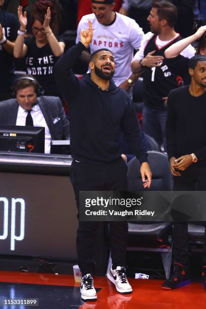 Drake reacts in the first half during Game Two of the 2019 NBA Finals between the Golden State Warriors and the Toronto Raptors at Scotiabank Arena...
