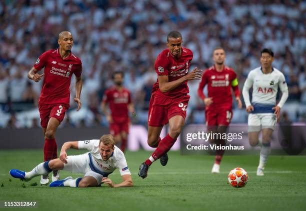 Joel Matip of Liverpool and Harry Kane of Tottenham Hotspur in action during the UEFA Champions League Final between Tottenham Hotspur and Liverpool...