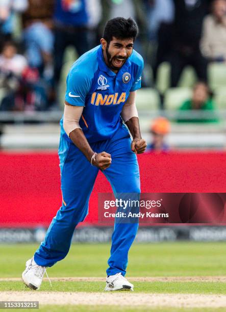 Jasprit Bumrah of India celebrates after taking the wicket of Rubel Hossain of Bangladesh during the Group Stage match of the ICC Cricket World Cup...