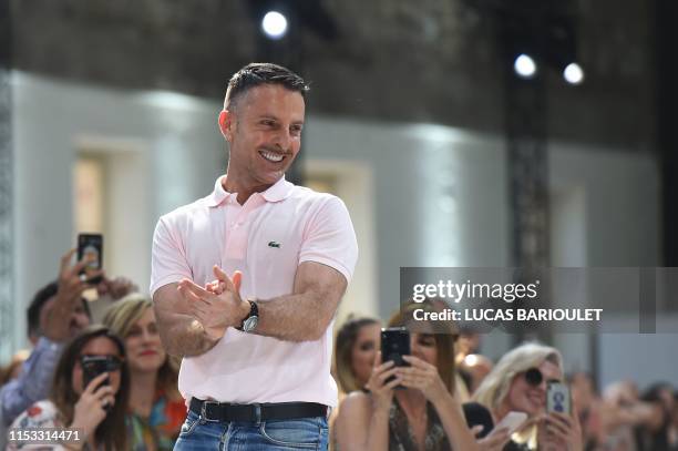 French fashion designer Alexandre Vauthier acknowledges the audience at the end of his Women's Fall-Winter 2019/2020 Haute Couture collection fashion...