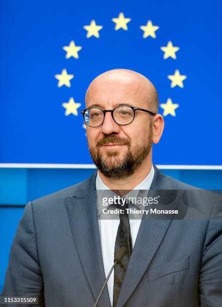 Newly nominated President of the EU Council: Belgium Prime Minister Charles Michel talks to media at the end of the third day of an EU summit at the...