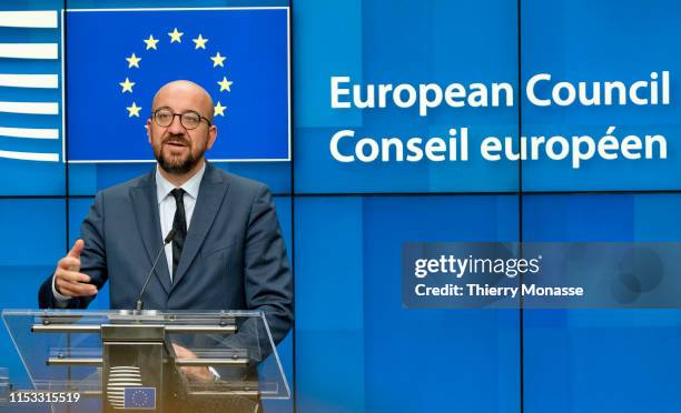 Newly nominated President of the EU Council: Belgium Prime Minister Charles Michel talks to media at the end of the third day of an EU summit at the...
