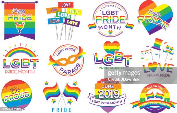 illustrazioni stock, clip art, cartoni animati e icone di tendenza di set di design di etichette gay pride o lgbt pride mese di giugno - rainbow icon