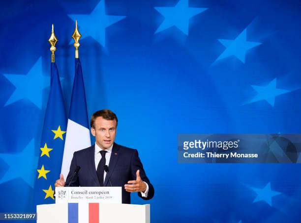French President Emmanuel Macron talks to media at the end of the third day of an EU summit at the Europa building in Brussels, on July 2, 2019....