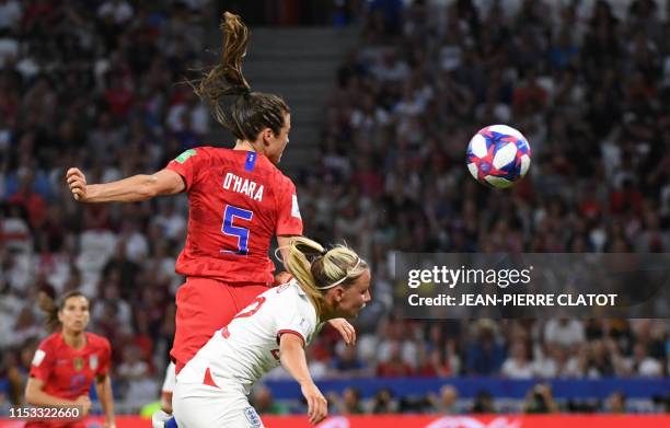 United States' defender Kelley O'Hara jumps for the ball with England's forward Beth Mead during the France 2019 Women's World Cup semi-final...