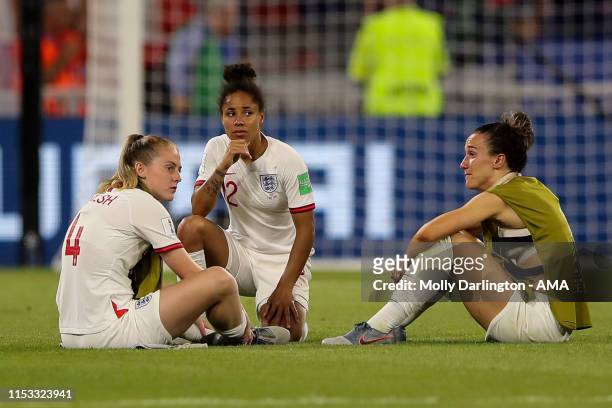 Dejected players of England react at full time during the 2019 FIFA Women's World Cup France Semi Final match between England and United States of...