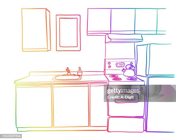 kitchen one wall rainbow colours - bright kitchen counter stock illustrations