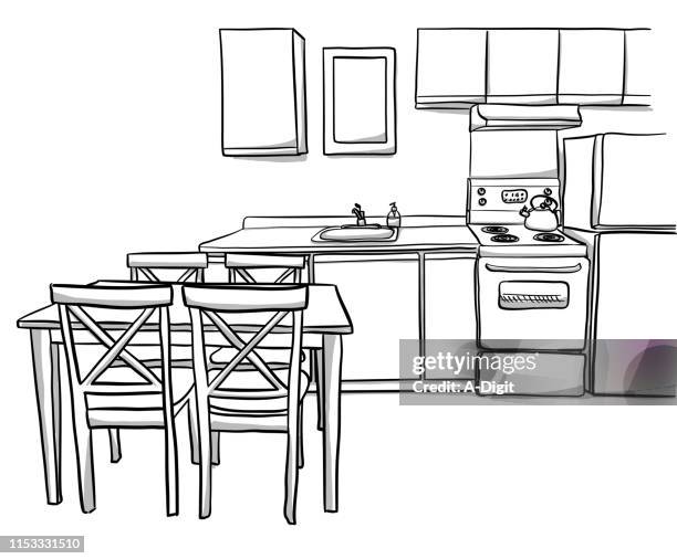 small apartment kitchen - monochrome room stock illustrations