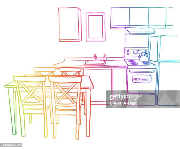 small apartment kitchen rainbow - bright kitchen counter stock illustrations