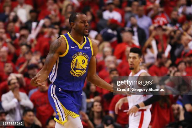 Andre Iguodala of the Golden State Warriors celebrates a basket late in the game against the Toronto Raptors during Game Two of the 2019 NBA Finals...