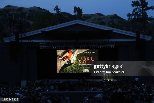 Alex Honnold, Elizabeth Chai Vasarhelyi and Jimmy Chin speak onstage during National Geographic’s Contenders Showcase, at The Greek Theatre, a...