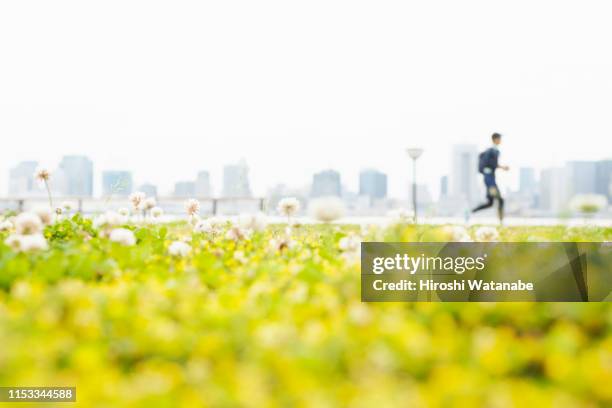 man running in park with a view of the city - social issues ストックフォトと画像