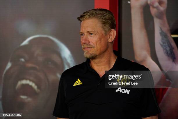 Manchester United Club legends Peter Schmeichel attends a press conference during Manchester United Creates New Online & Offline Experiences To...