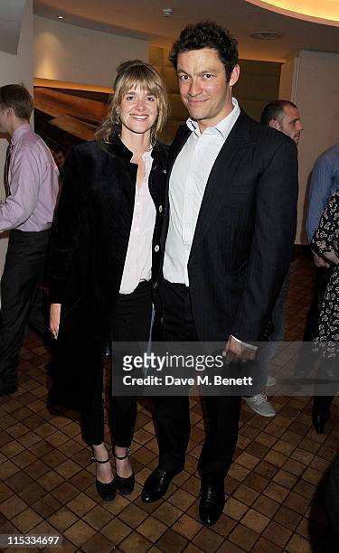 Catherine Fitzgerald and actor Dominic West attend an after party following press night of the new West End production of Simon Gray's Butley at Axis...