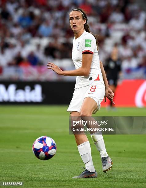 England's midfielder Jill SCott plays the ball during the France 2019 Women's World Cup semi-final football match between England and USA, on July 2...