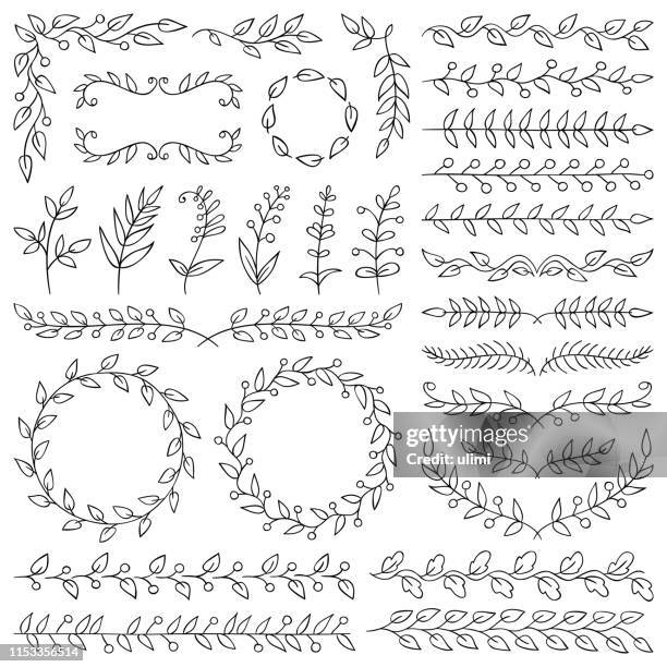 ilustraciones, imágenes clip art, dibujos animados e iconos de stock de plantas dibujadas a mano, divisores, guirnaldas, marcos fronterizos - fancy line border